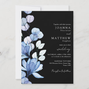 Blauer Blumen-QR-Code Schwarz-weiße Hochzeit Einladung