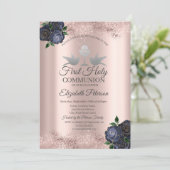 Blauer Blumen Rose Gold Erste Heilige Kommune Einladung (Stehend Vorderseite)