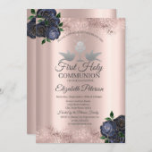 Blauer Blumen Rose Gold Erste Heilige Kommune Einladung (Vorne/Hinten)