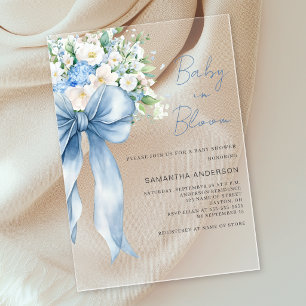 Blauer Blumen-Schleifen-Baby-In-Bloom-Baby-Party Acryleinladungen