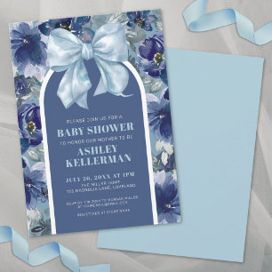 Blauer Blumen-Schleifen-Junge-Baby-Party Einladung