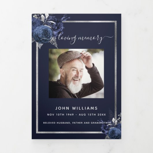 Blauer Blumen-Silber-Foto dreifaches Beerdigungspr Dreifach Gefaltete Ankündigung (Cover)