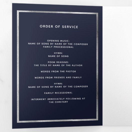 Blauer Blumen-Silber-Foto dreifaches Beerdigungspr Dreifach Gefaltete Ankündigung (Innen Erste Seite)