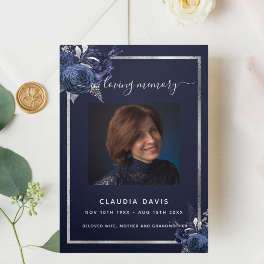 Blauer Blumen-Silber-Foto dreifaches Beerdigungspr Dreifach Gefaltete Ankündigung