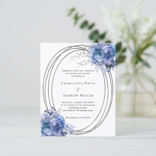 Blauer Blumen Silber Rahmen Hochzeitseinladung (Stehend Vorderseite)