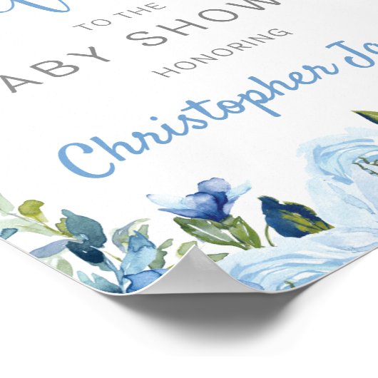 Blauer Blumen Silber rustikale Babydusche Begrüßun Poster (Ecke)