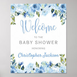 Blauer Blumen Silber rustikale Babydusche Begrüßun Poster