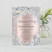 Blauer Blumen Silver Glitzer Tropfens Rente Einladung (Stehend Vorderseite)