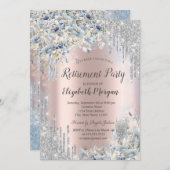 Blauer Blumen Silver Glitzer Tropfens Rente Einladung (Vorne/Hinten)