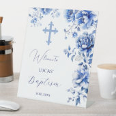 Blauer Blumen Taufe Begrüßungszeichen Sockelschild (In Situ)