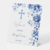 Blauer Blumen Taufe Begrüßungszeichen Sockelschild (Vorderseite)