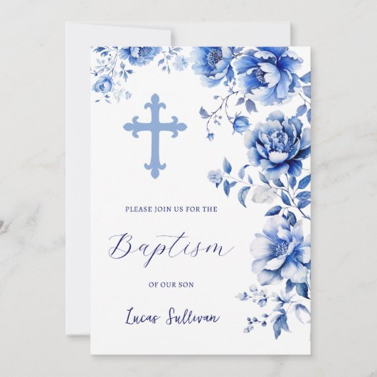 Blauer Blumen Taufe Einladung (Vorderseite)