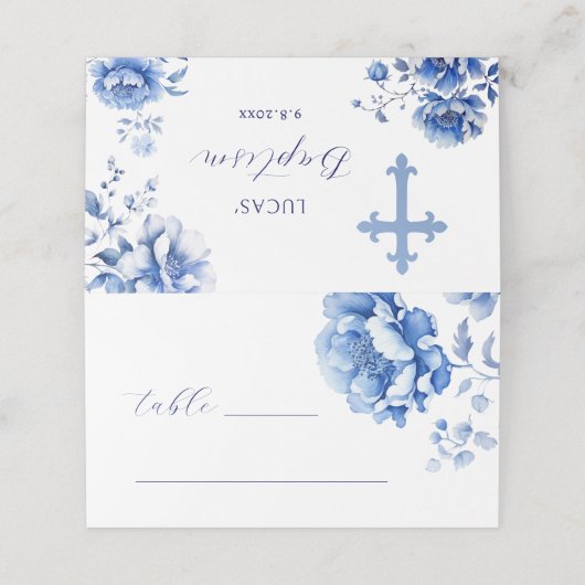 Blauer Blumen Taufe Falte Platzkarte (Außenseite Aufgefaltet)