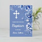 Blauer Blumen Taufe Folieneinladung (Stehend vorne)