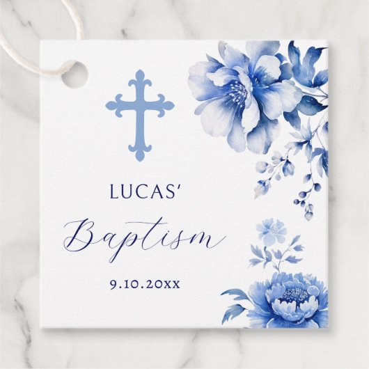 Blauer Blumen Taufe Geschenkanhänger (Vorderseite)