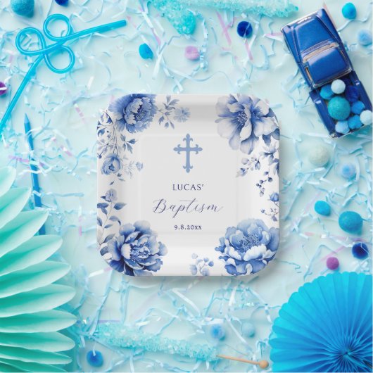 Blauer Blumen Taufe Pappteller (Party)
