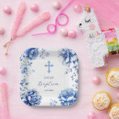 Blauer Blumen Taufe Pappteller (Party)