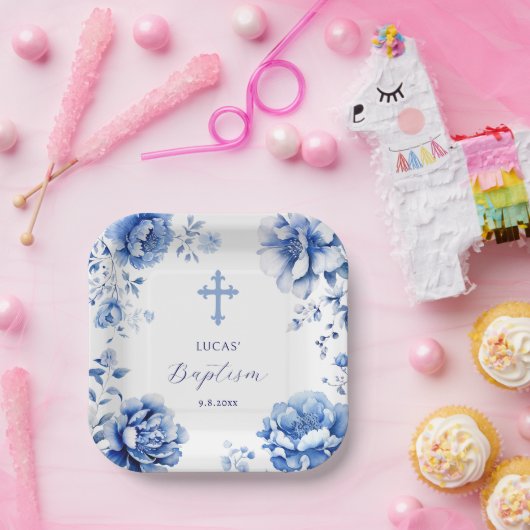 Blauer Blumen Taufe Pappteller (Party)