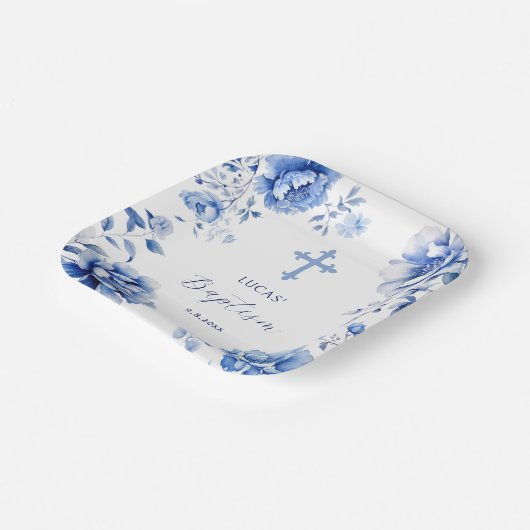 Blauer Blumen Taufe Pappteller (Gewinkelt)