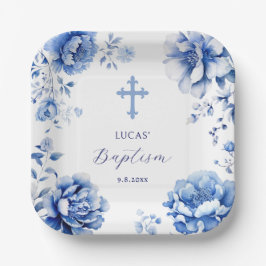 Blauer Blumen Taufe Pappteller