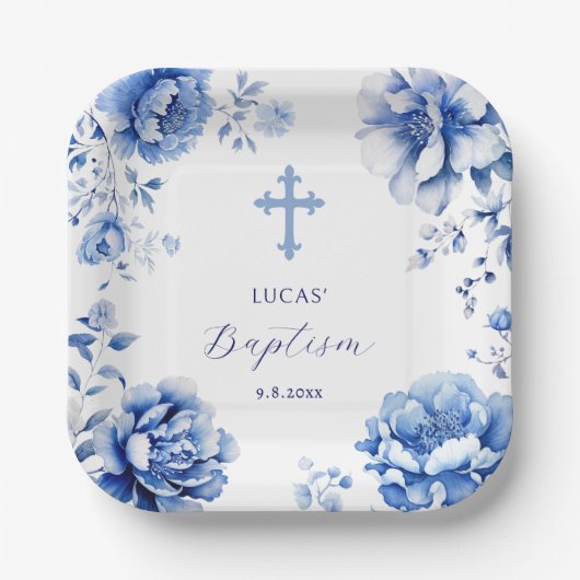Blauer Blumen Taufe Pappteller (Vorderseite)
