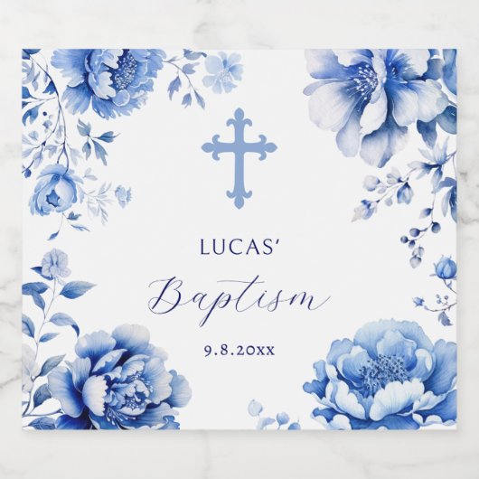 Blauer Blumen Taufe Schaumweinetikett (Einzelnes Label)