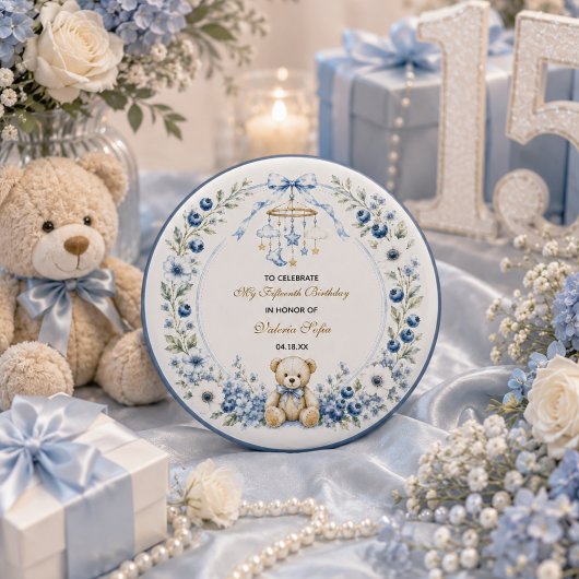 Blauer Blumen-Teddybär Fünfzehnter Geburtstag Button