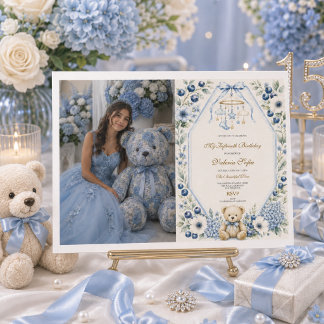 Blauer Blumen-Teddybär Fünfzehnter Geburtstag Einladung