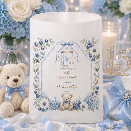 Blauer Blumen-Teddybär Fünfzehnter Geburtstag Geschenktütchen