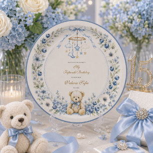 Blauer Blumen-Teddybär Fünfzehnter Geburtstag Pappteller