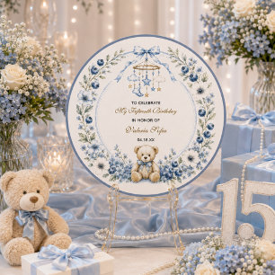 Blauer Blumen-Teddybär Fünfzehnter Geburtstag Runder Aufkleber