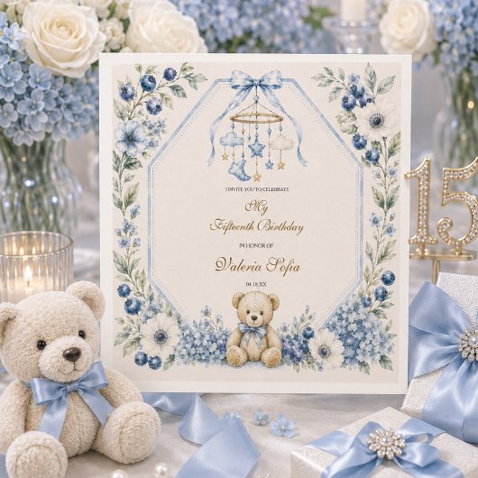 Blauer Blumen-Teddybär Fünfzehnter Geburtstag Serviette
