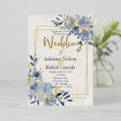 Blauer Blumen- und Goldrahmen Folieneinladung (Stehend vorne)