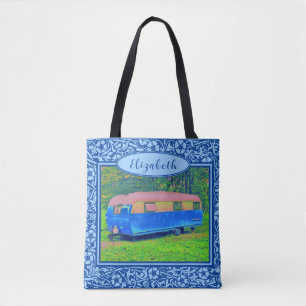 Blauer Blumen Vintage-Camper-Reiseanhänger Tasche