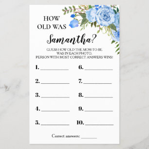 Blauer Blumen Wie alt war Mama Baby Shower Game Ca Flyer