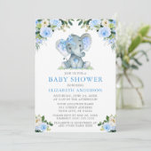 Blauer Blumenbabydusche Elephant Silver Einladung (Stehend Vorderseite)