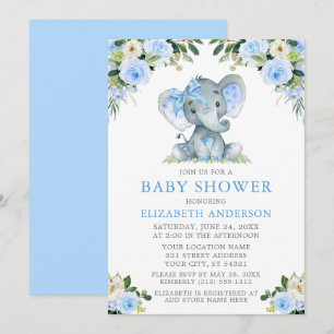 Blauer Blumenbabydusche Elephant Silver Einladung