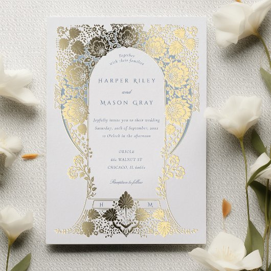 Blauer Blumenbarocke Border Folieneinladung