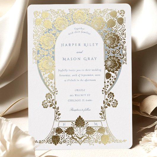 Blauer Blumenbarocke Border Folieneinladung