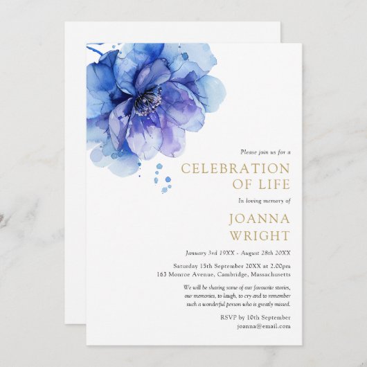 Blauer Blumenbeerdigung zur Beerdigung des Lebens Einladung (Vorne/Hinten)