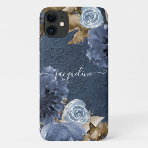 Blauer Blumenblättermonogramm Case-Mate iPhone Hülle