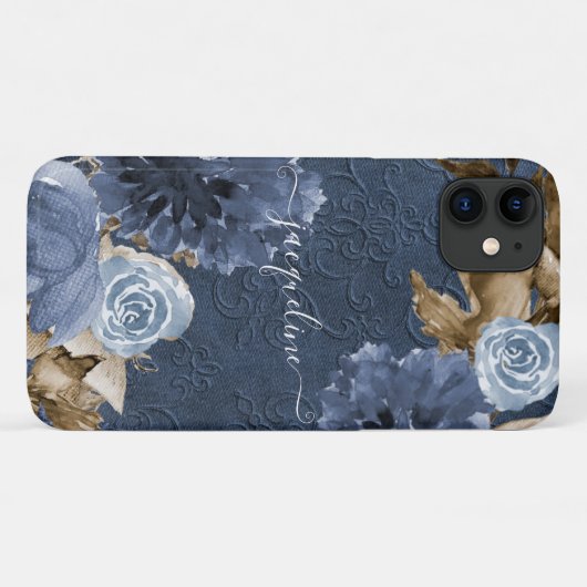 Blauer Blumenblättermonogramm Case-Mate iPhone Hülle (Rückseite (Horizontal))