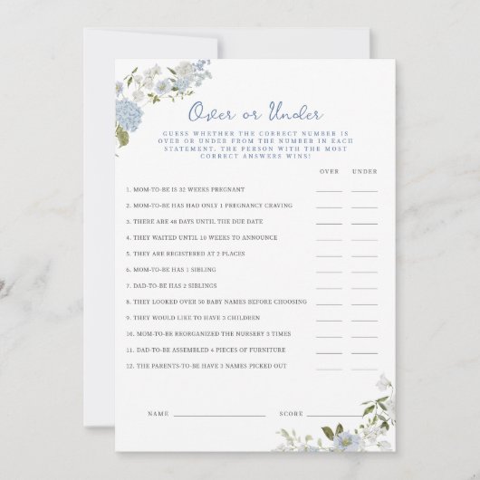 Blauer Blumenblütendusche über oder unter der Kart Einladung (Vorderseite)