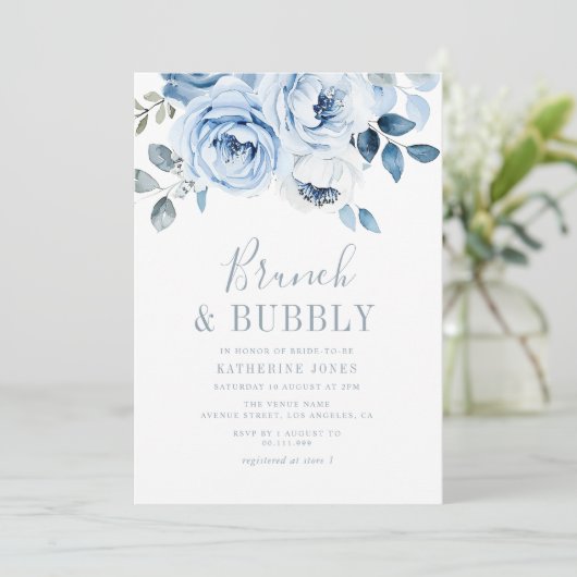 blauer Blumenbrunch Einladung (Stehend Vorderseite)