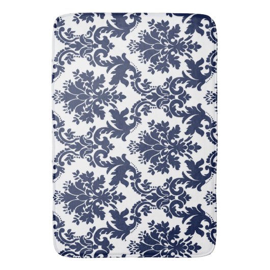 Blauer Blumendamast auf weißem Hintergrund Badematte (Vorderseite Vertikal)