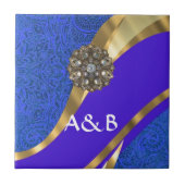 Blauer Blumendamast und Goldband Fliese (Vorderseite)