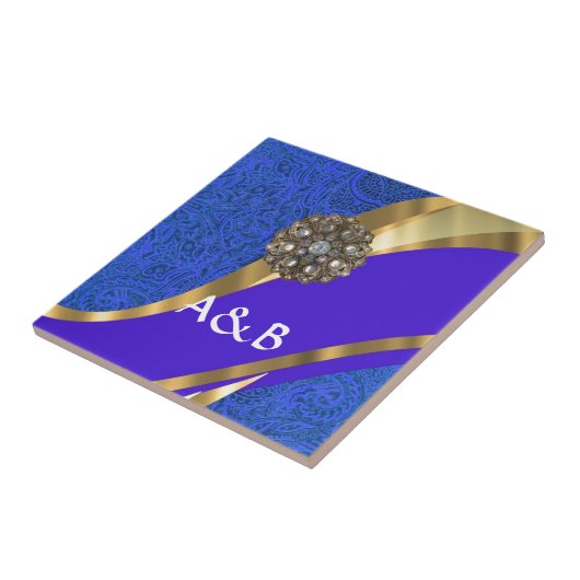 Blauer Blumendamast und Goldband Fliese (Seite)
