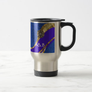 Blauer Blumendamast und Goldband Reisebecher