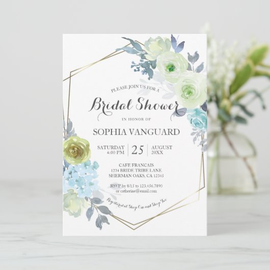 Blauer Blumendusche Einladung Post (Stehend Vorderseite)