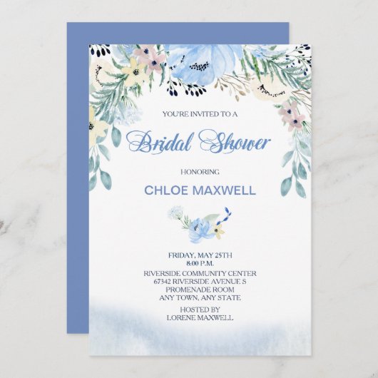 Blauer Blumendusche Wasserfarbe Einladung (Vorne/Hinten)